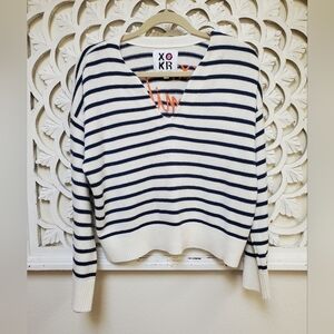 Kerri Rosenthal White & Navy Striped Embroidered Sweater Heart Buttons Size L